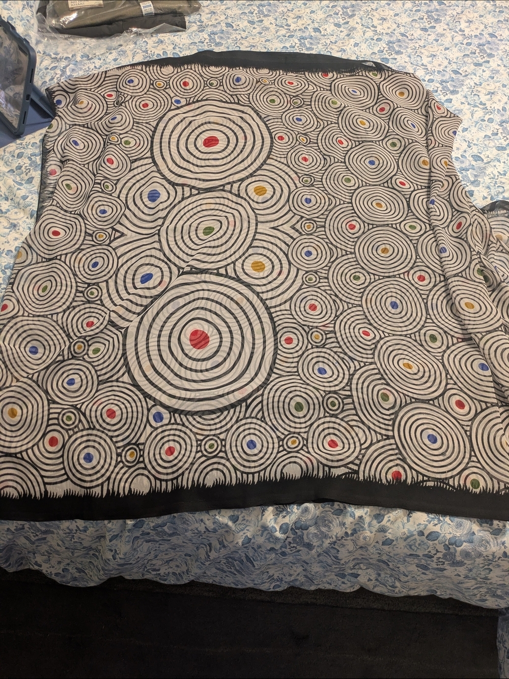 Abstract Concentric Circle Saree Scarf in Black, White and Multicolor Dots